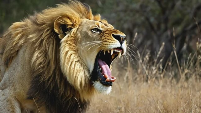 lion roaring in the savannah