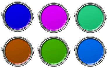 Opened paint cans on a white background, seen from above. Yellow, red, blue, purple, green, and pink paint cans. Various colored paints and inkwells.