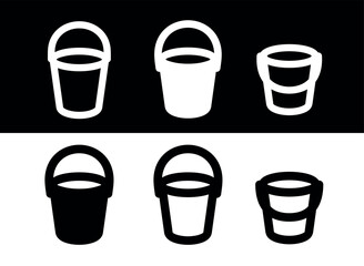 Bucket (pail) icon. Well attribute. Vessel for storing, carrying liquid and bulk materials. Cylindrical bucket of water for watering plants or extinguishing a fire.