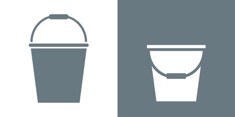 Bucket (pail) icon. Well attribute. Vessel for storing, carrying liquid and bulk materials. Cylindrical bucket of water for watering plants or extinguishing a fire.