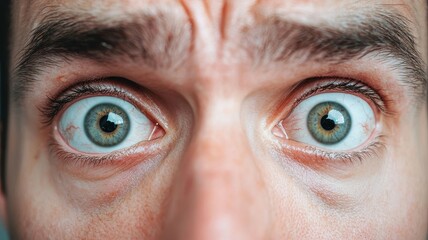 A close-up of a person's eyes, displaying a wide-eyed expression, conveying surprise or shock with visible details in the irises and skin texture.