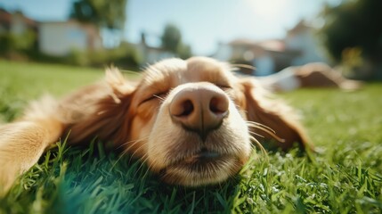 A close-up shot of a dog's serene sleeping face under the warm sun, highlighting tranquility and the pure contentment of a carefree afternoon on the grass.