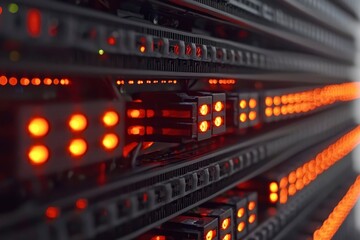 Close-up of Server Rack with Red Indicator Lights