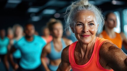 An energetic senior woman leading a fitness class, exuding confidence and motivation, surrounded by diverse participants in a vibrant indoor gym setting.