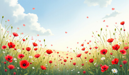 Fototapeta premium Vibrant field of red poppies and daisies under a sunny sky with soft clouds and copy spacepoppies in the sky