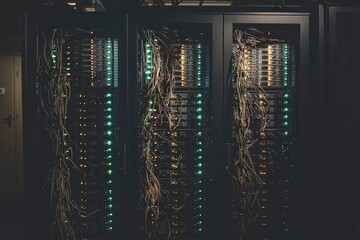 Server Racks With Tangled Wires and Illuminated Lights
