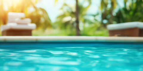 Fototapeta premium Tropical poolside bliss with vibrant palm trees in sunlit resort oasis