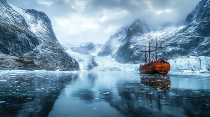 An ancient wooden sailing ship in a glacier-filled fjord.