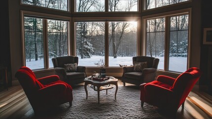 Obraz premium Cozy living room with red armchairs overlooking a snow-covered forest