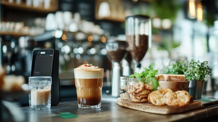 A delightful setup of a creamy coffee with whipped topping, placed on a counter alongside various snacks and herbs in a lively cafe with brewing equipment visible.