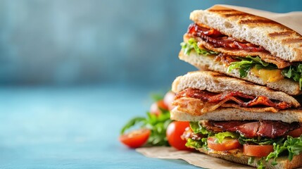 A delicious display of two gourmet sandwiches filled with fresh, vibrant ingredients like lettuce, bacon, and tomatoes, presented against a soft blue background for contrast.