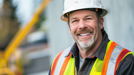 Fototapeta premium smiling construction worker in a hard hat and safety vest