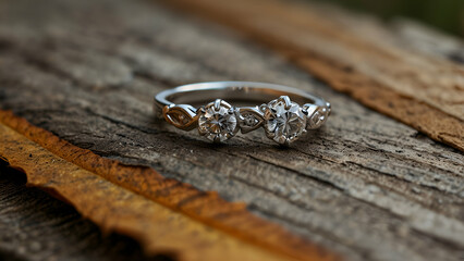 Obraz premium Two autumn-leafed engagement rings, fall-themed silver wedding jewelry, a dashing diamond proposal symbol, a lovely item for a marriage celebration, a close-up of a seasonal love token, romanticism