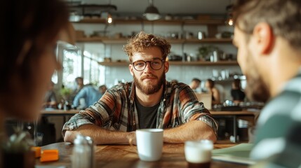 A group of friends enjoys coffee and conversation in a cozy, modern cafe setting, highlighting friendship and the pleasure of casual social gatherings.