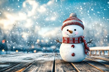 Snowman wearing a red scarf and hat standing on a wooden surface