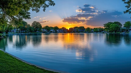 Sunset over a calm lake with houses and trees in the distance