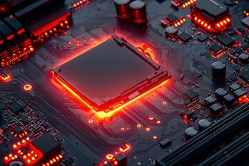 Close-up of a glowing red CPU on a computer motherboard