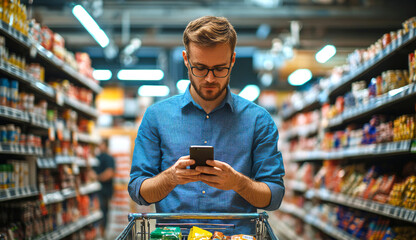 Young man wearing shirt and using smartphone app buying groceries in supermarket