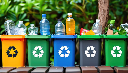 Unsorted recyclable waste in separate bins, with plastic bottles and various containers placed incorrectly. challenge of improper recycling and the importance of sorting waste before disposal.