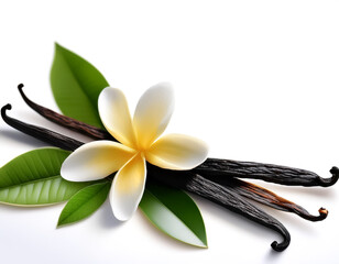 Vanilla pods, green leaves and flowers pattern with side position provides copy space for text. background concept isolated white