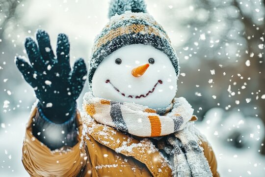 Happy smiling snowman waving hello during a snowfall
