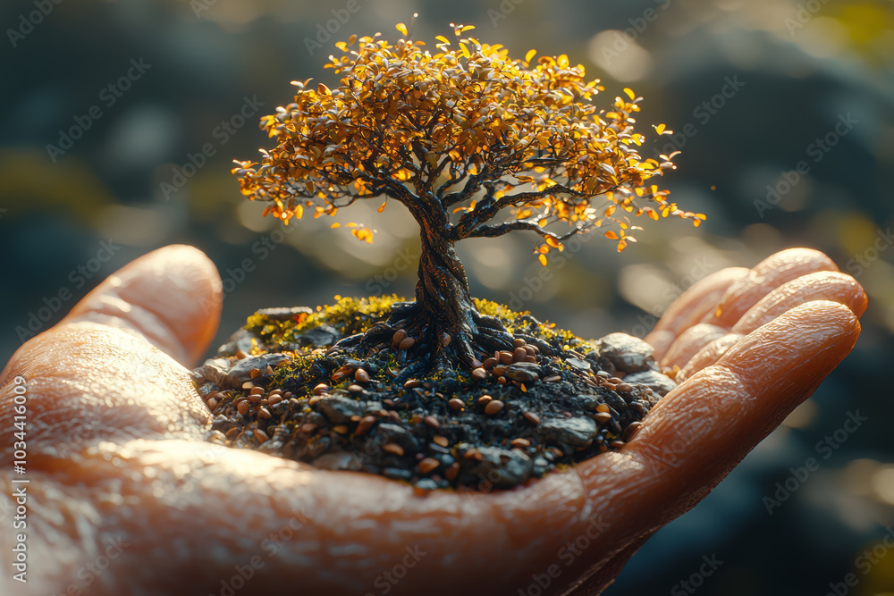 Poster a giant tree growing from a small seed in a creator's hand, symbolizing life emerging from creation.