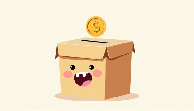 Cute donation box with happy face and coin illustration