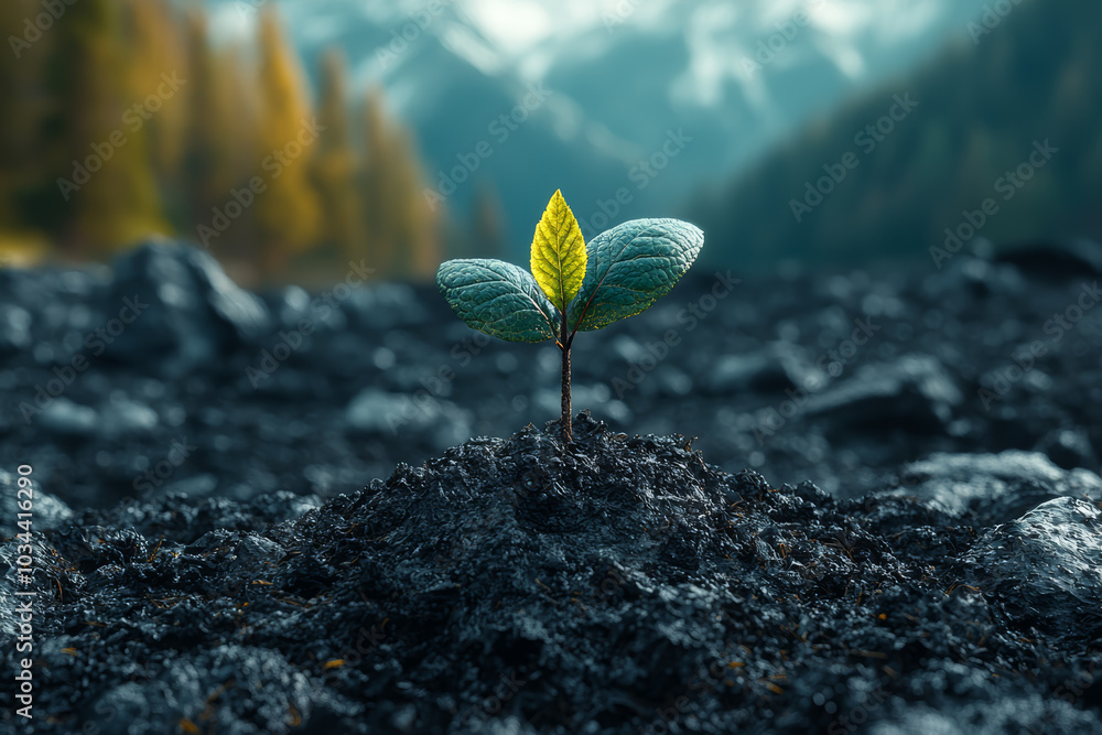 Poster a forest emerging from a desolate wasteland, representing the transformation of an empty space into 