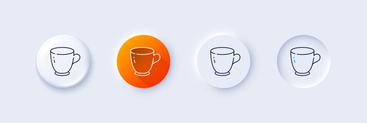 Tea cup line icon. Neumorphic, Orange gradient, 3d pin buttons. Tableware coffee mug sign. Drink kitchenware pot symbol. Line icons. Neumorphic buttons with outline signs. Vector