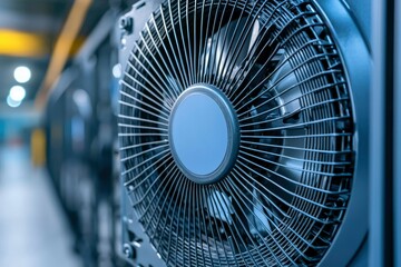 Close-up of a large server fan with a metal grille