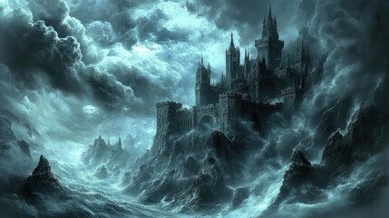 A Dark and Gloomy Castle Perched on a Mountaintop Amidst Stormy Clouds