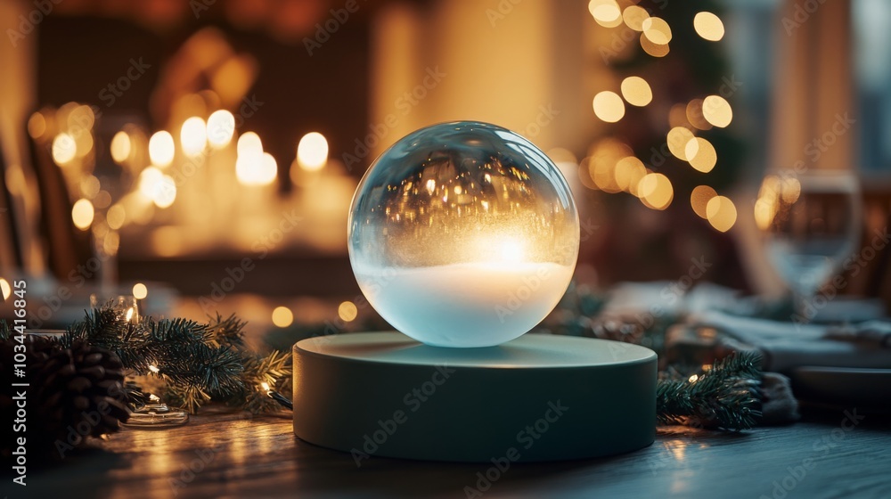 Poster a crystal orb sits on a smooth base, softly illuminated by flickering candlelight. the warm glow cre