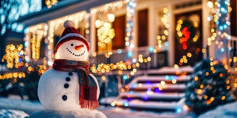 Illuminated snowman standing in front of a festive house decorated for christmas