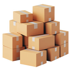 3D stack of cardboard boxes featuring tape seals, perfect for logistics, packaging, and shipping visualizations in branding projects. Isolated on transparent background, png.