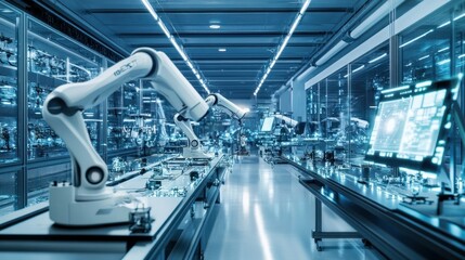 Industrial Robotic Arms in a Modern Factory Setting