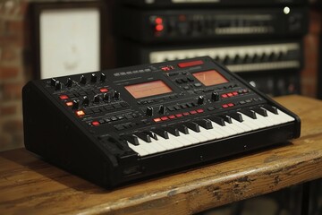 Fototapeta premium Black and Red Digital Synthesizer with Keyboard on Wooden Table
