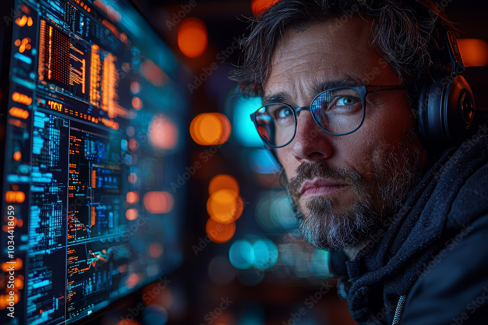 Poster a cybersecurity consultant identifying weak points in a business's digital infrastructure, emphasizi