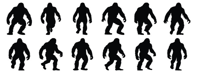 Yeti silhouettes set, bigfoot pack of vector silhouette design, isolated background.