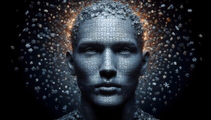 portrait of a man made of puzzles, symbol of mental health and human intelligence