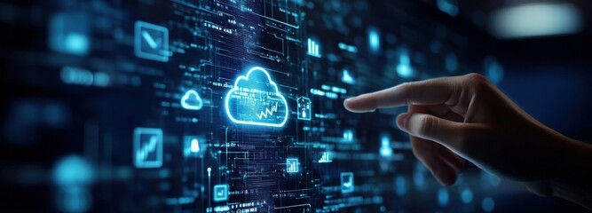 A futuristic digital graphic illustrating cloud computing with a hand interacting with a virtual interface. The cloud is surrounded by various tech icons representing connectivity 