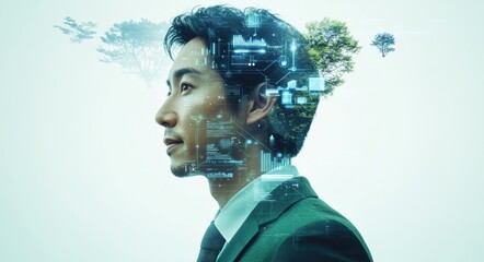 Double exposure of a thoughtful man with a digital interface and nature imagery symbolizing technology and environmental connection