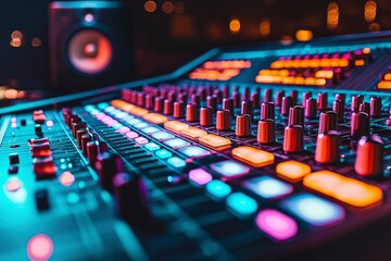 Close-up of a Soundboard with Red Knobs and Luminous Buttons