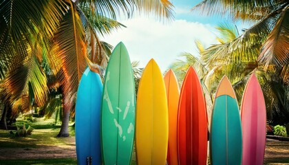 Colorful surfboards leaning against palm trees in a tropical setting