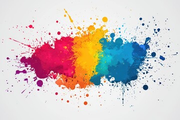 Vibrant colorful paint splatter isolated on white background featuring vivid red, yellow, and blue hues creating dynamic abstract art