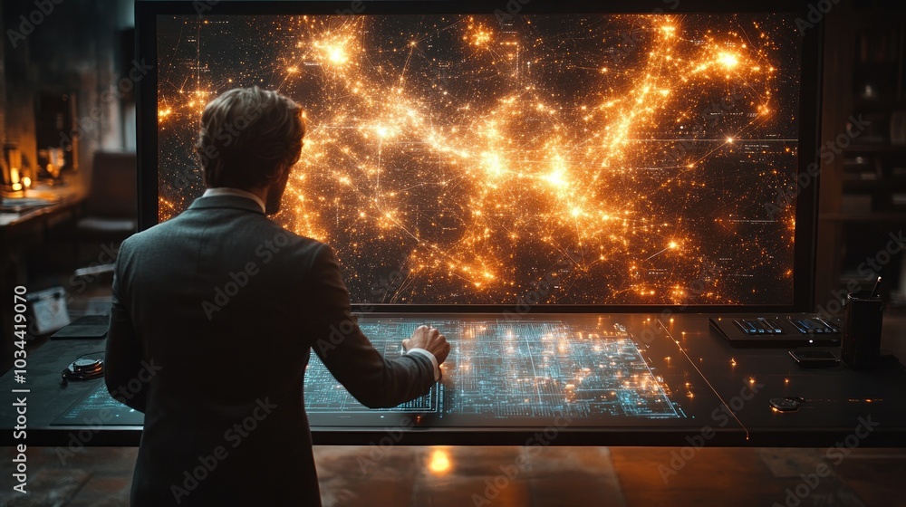 Poster man interacting with a futuristic interface