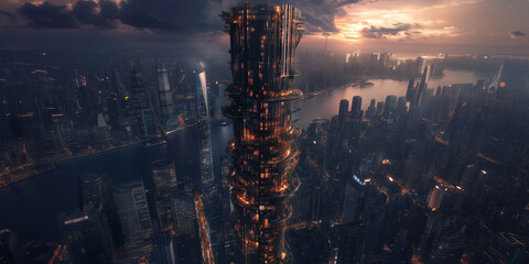 Ciekawe projekty drapaczy chmur - 0185 - Zbliżenie ciemnego wieżowca na tle miasta