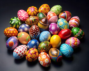 Fototapeta premium a bunch of easter eggs are on a black background.