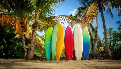 Colorful surfboards leaning against palm trees in a tropical setting