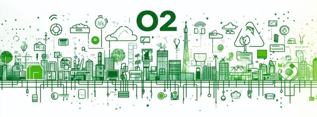 Obraz premium Eco-friendly urban landscape with green technology icons in stylish illustration