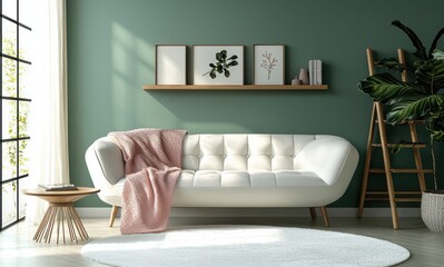 Elegant and minimalist living room with white sofa and green walls, featuring modern decor and natural light